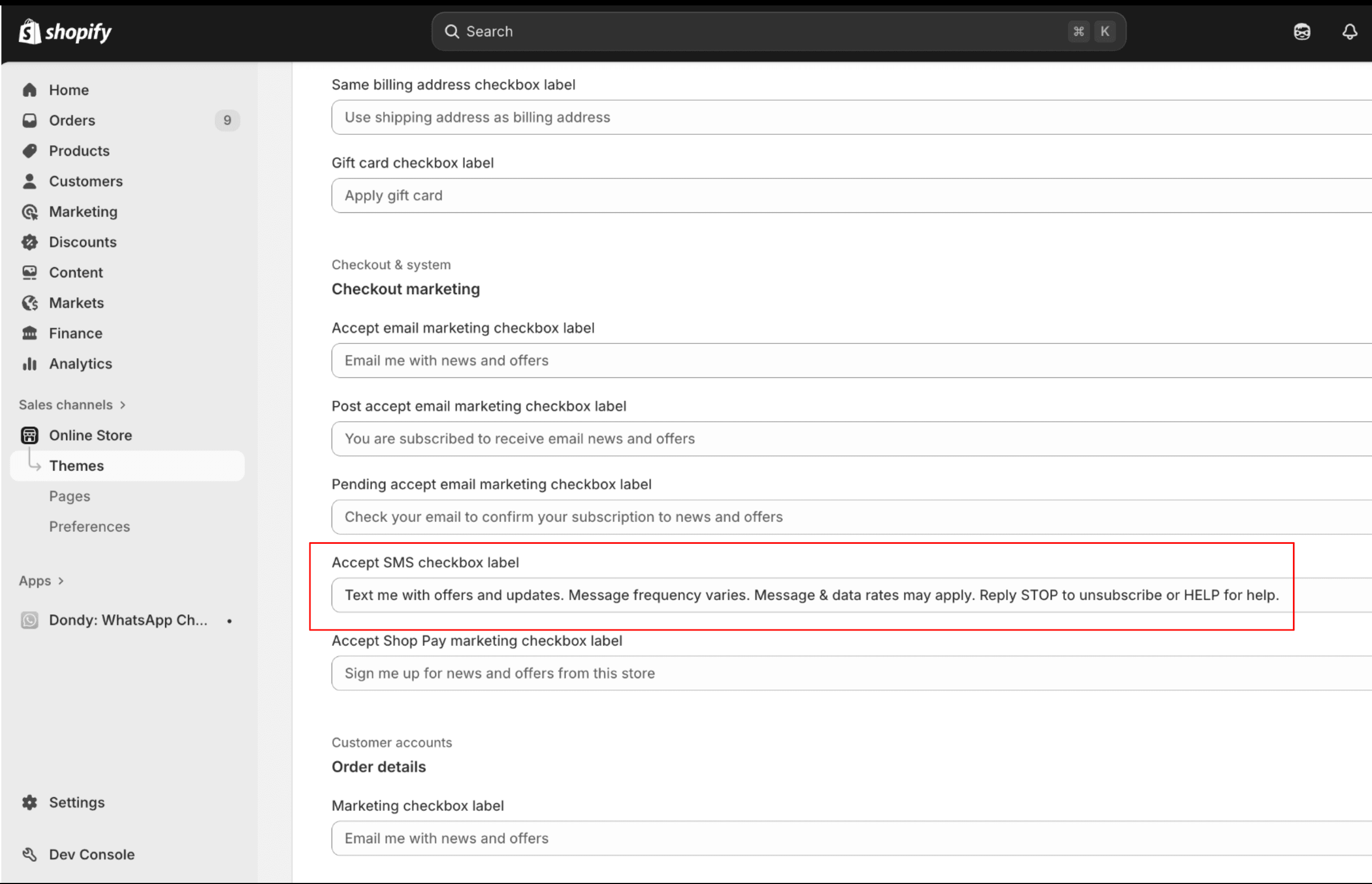 Shopify settings screenshot 1